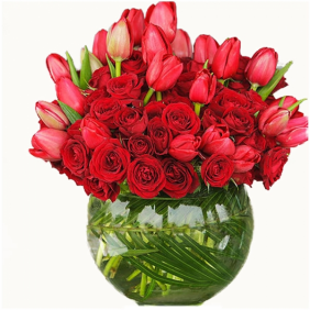  Kadıköy Çiçekçi Vazoda Kırmızı Güller & Kırmızı Laleler